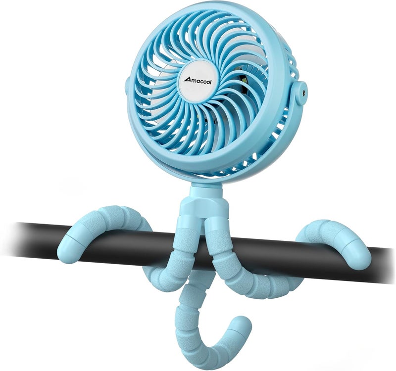 AMACOOL Battery Operated Stroller Fan Flexible Tripod Clip On Fan with 3 Speeds and Rotatable Handheld Personal Fans for Car Seat Crib Bike Treadmill (Blue) - Image 1